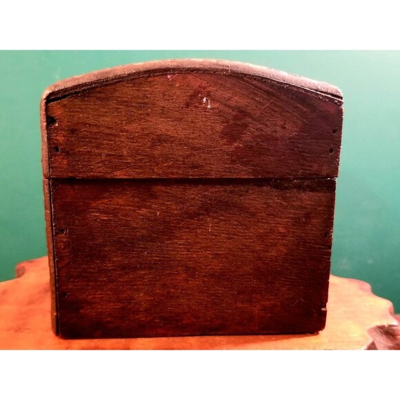 Wooden Treasure Chest Jewelry Box Leather Embossed W/ Floral Pattern Carved Trim - Picture 5 of 7
